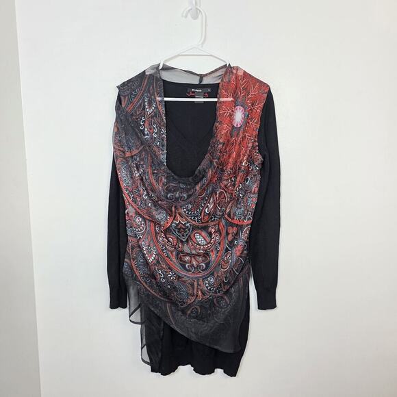 Desigual Black Red Paisley Scarf Overlay Bernard Long Sleeve Mini Dress Size S - Picture 3 of 6